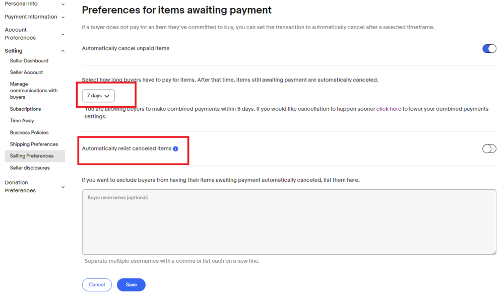 Preferences for items awaiting payment